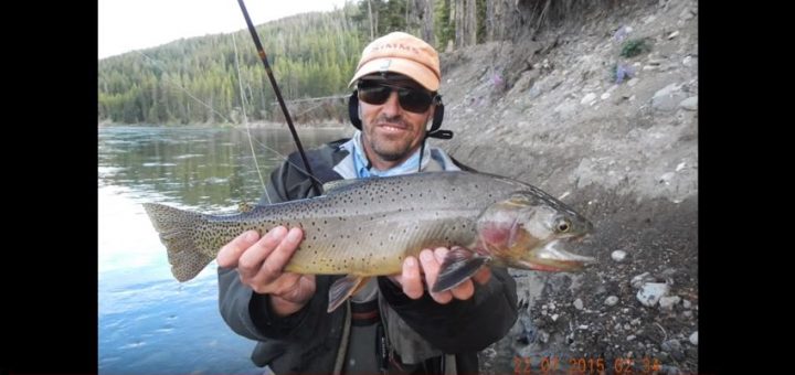 Jeune pecheur a la mouche avec énorme truite cutt-throat pechee dans la Yellowstone river dans le Montana